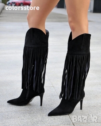 Ботуши на ток - черен велур - RS52, снимка 2 - Дамски ботуши - 48725112