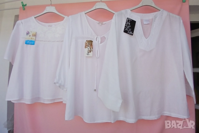 Стилни дамски бели памучни и кенарени блузи с бродерии без бродерия.