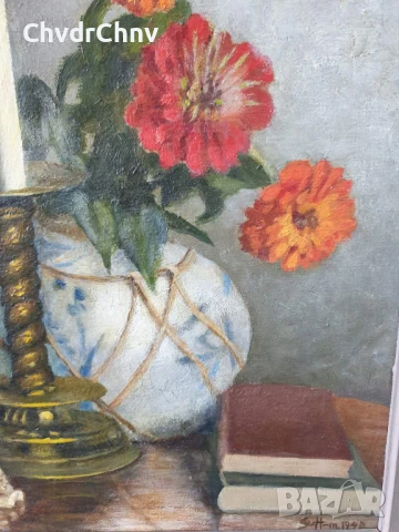 Haselstrom 48х40см/стара картина масло върху платно/натюрморт-цветя-свещник-книги/1943/дървена рамка, снимка 4 - Картини - 50823616