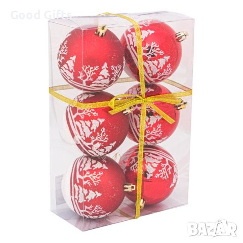 6 броя Комплект Червени коледни топки с елха, 6см, снимка 1 - Други стоки за дома - 42673630