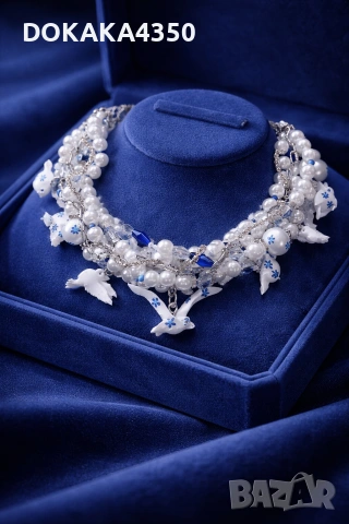 Колие тип чокър в бяло и синьо , снимка 2 - Колиета, медальони, синджири - 54056016