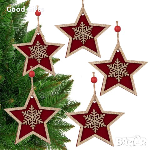 5 броя Дървени коледни звезди със снежинка, 8.5см, снимка 1 - Декорация за дома - 42698839