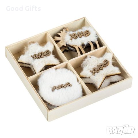 8 броя Дървени коледни висулки за елха, 6см