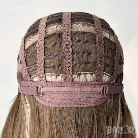 Тъмно руса перука с фини светли кичури и дълъг бретон, снимка 6 - Аксесоари за коса - 50989279