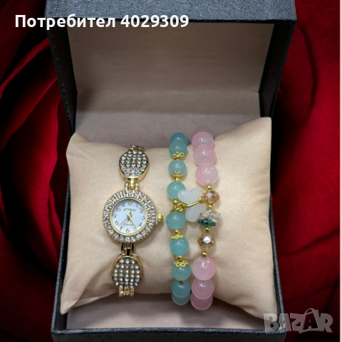 Елегантен дамски комплект аксесоари - часовник с камъни цирконии и 2 броя гривни с естествени камъни, снимка 2 - Бижутерийни комплекти - 44749962