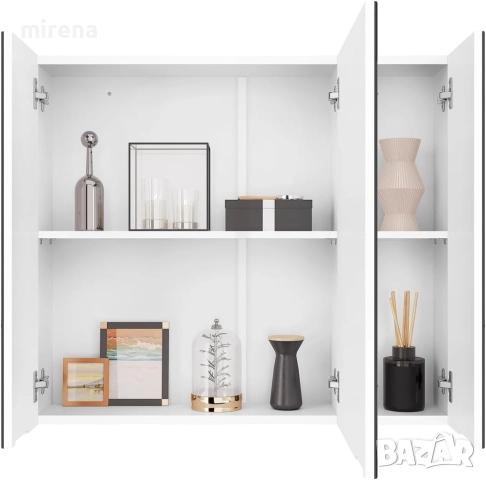 Шкаф за баня с огледало с 3 огледални врати, 15x70.5x60.5 см, бял 301, снимка 4 - Огледала - 52122728