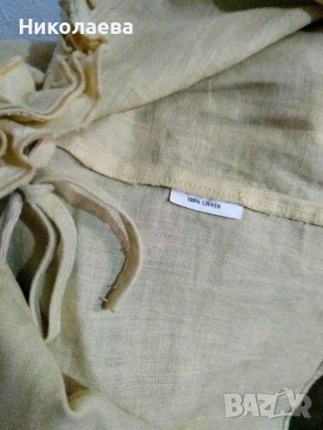 Тъмно бежова ленена блуза с къдри, M, снимка 4 - Блузи с дълъг ръкав и пуловери - 37968641