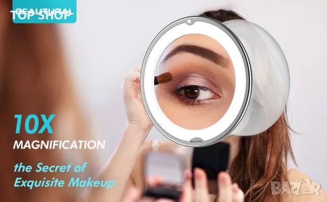 BEAUTURAL преносимо козметично LED огледало за грим/10x увеличени/вакуумна стойка с ключалка 360°, снимка 8 - Аксесоари за коса - 49308569