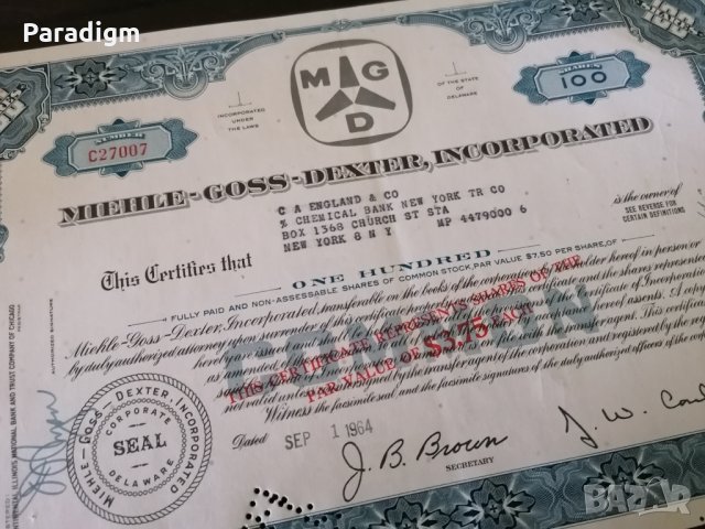 Сертификат за 100 акции (САЩ) | Miehle-Goss-Dexter Inc. (MGD) | 1964г., снимка 2 - Други ценни предмети - 29301879