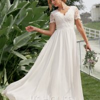 Сватбена рокля от шифон с V-образно деколте с дължина до пода. EU44 XL/L 200лв., снимка 1 - Рокли - 36676886
