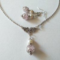 Прелестно нежен комплект с истински перли и камъни Розов кварц - камъкът на Любовта !, снимка 1 - Бижутерийни комплекти - 31998356