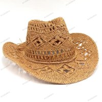 Ръчно плетена каубойска сламена шапка с повдигната периферия, 5цвята , снимка 2 - Шапки - 44447938