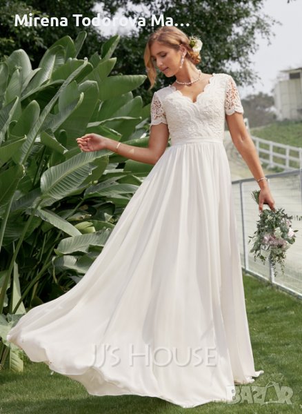 Сватбена рокля от шифон с V-образно деколте с дължина до пода. EU44 XL/L 200лв., снимка 1