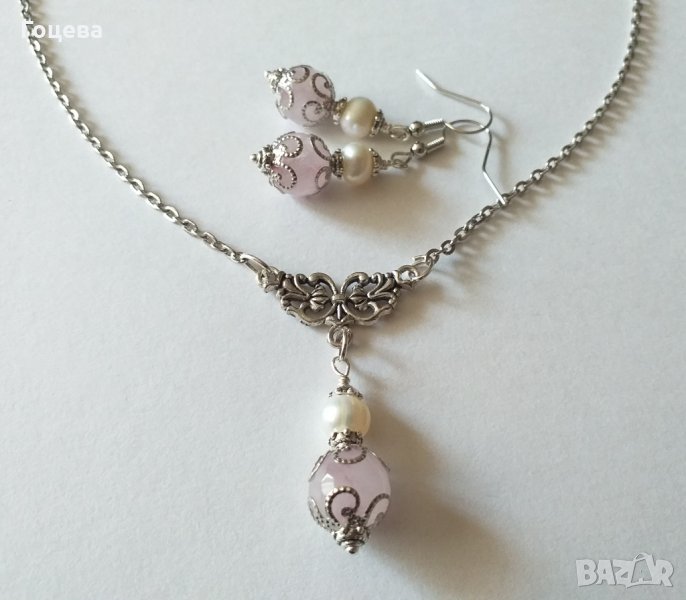 Прелестно нежен комплект с истински перли и камъни Розов кварц - камъкът на Любовта !, снимка 1