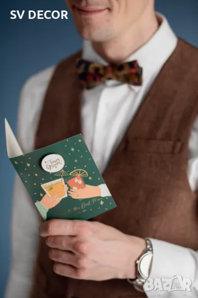 Поздравителна картичка за младоженец със значка, снимка 1