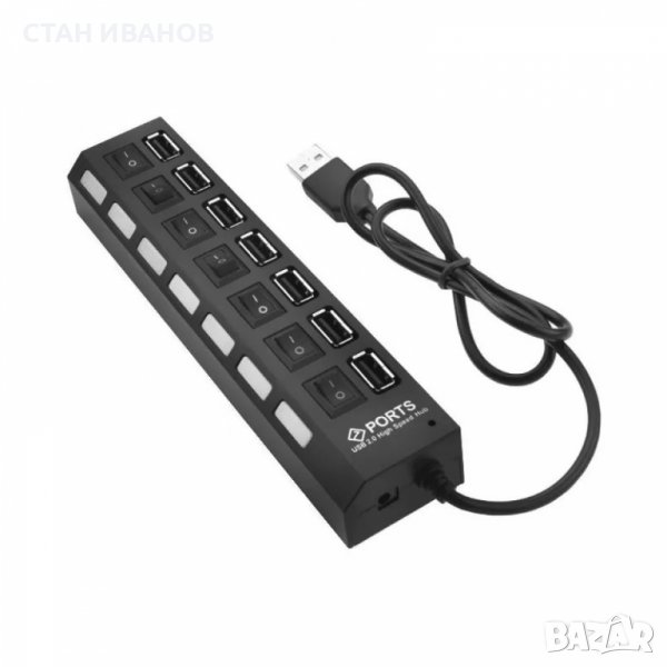 USB Хъб, Модел EW07PH, 7 порта, Копче за включване и изключване, снимка 1