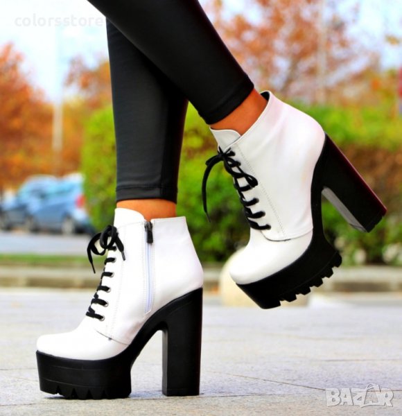 Боти на ток - бяла кожа с черно ходило - 591, снимка 1