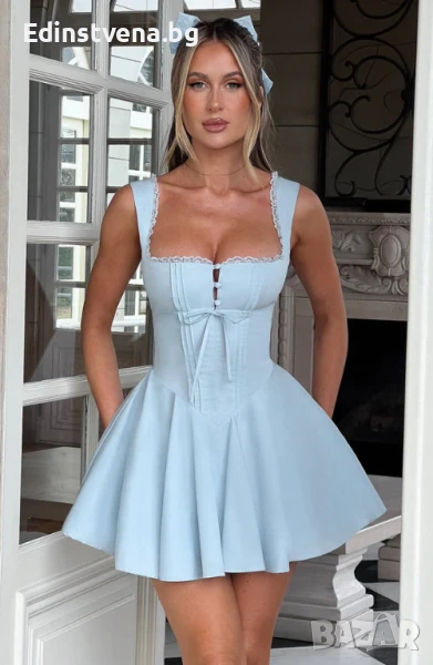 Дамска синя мини рокля тип корсет с оформящ силует, снимка 1