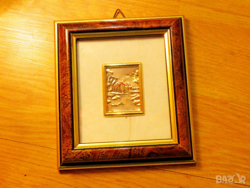 Старинна сребърна  картина рисувана върху сребърно  фолио - река и къщичка - с маркировка за сребро , снимка 1