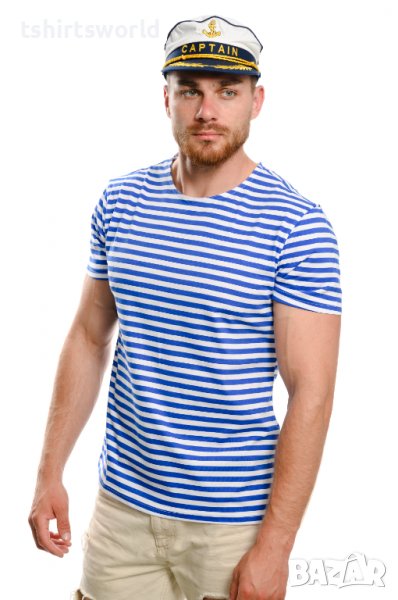 Нов мъжки моряшки комплект: моряшка класическа тениска без бие и капитанска шапка, снимка 1