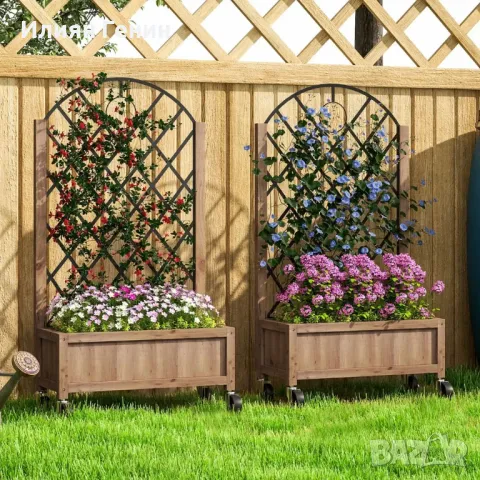 Комплект от 2 саксии за повдигната леха с колелца, пергола, дърво, 52x25x97 см, снимка 10 - Саксии и кашпи - 50361278