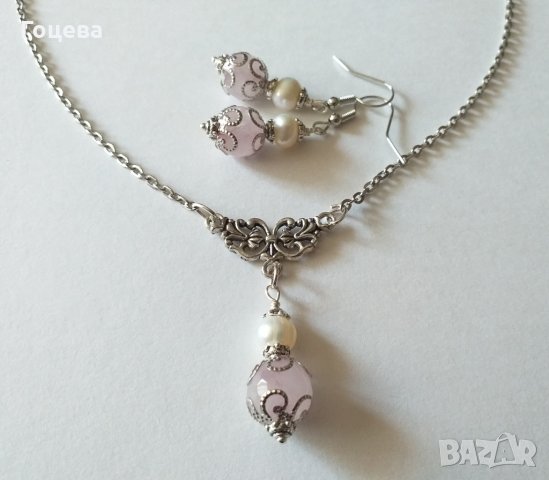 Прелестно нежен комплект с истински перли и камъни Розов кварц - камъкът на Любовта !, снимка 1 - Бижутерийни комплекти - 31998356