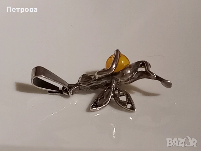 Сребърна фея с жълт кехлибар , снимка 7 - Колиета, медальони, синджири - 52041258