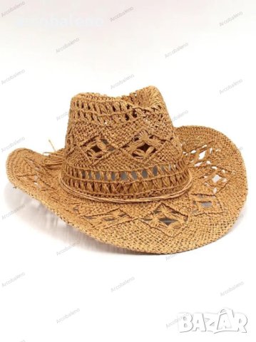 Ръчно плетена каубойска сламена шапка с повдигната периферия, 5цвята , снимка 2 - Шапки - 44447938