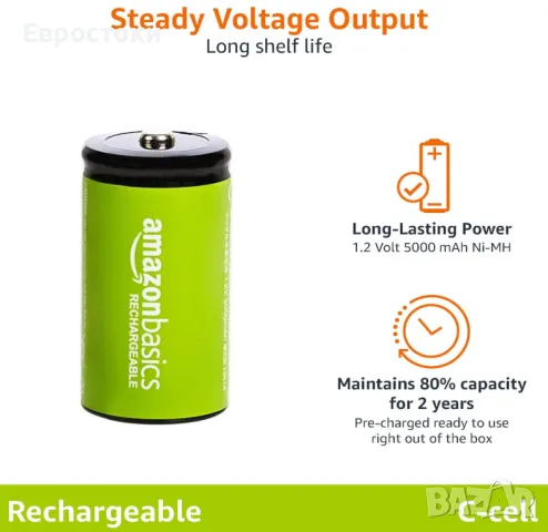 Акумулаторни батерии AmazonBasics C Cell 1.2V 5000mAh Ni-MH, комплект от 4 броя, снимка 3 - Друга електроника - 49293188