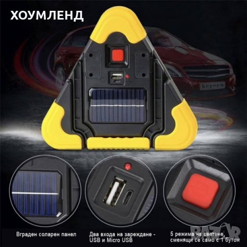 Соларен фенер за автомобил с 5 LED режима тип триъгълник за кола, снимка 4 - Соларни лампи - 31187136
