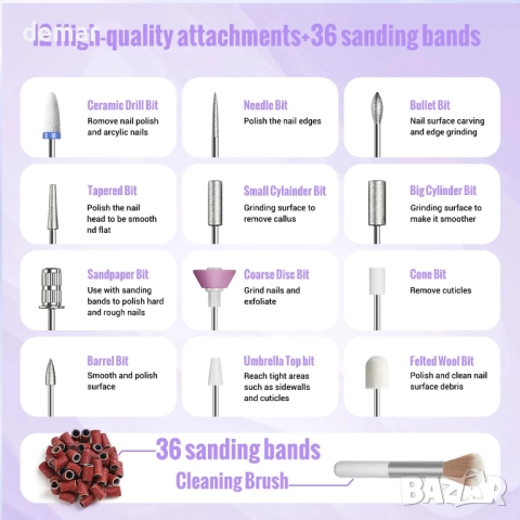 Безжична електрическа пила за нокти 13 в 1, 35000 об/мин, 5 скорости, виолетова, снимка 5 - Продукти за маникюр - 52736009