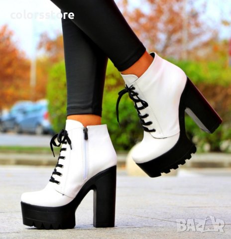 Боти на ток - бяла кожа с черно ходило - 591