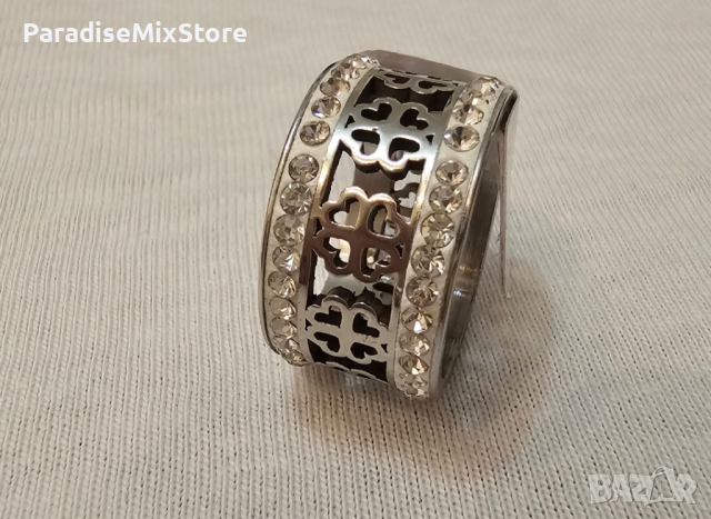 Стилен дамски пръстен от медицинска стомана Детелини с камъни цирконии Размери: 17,18,19, снимка 3 - Пръстени - 44640253
