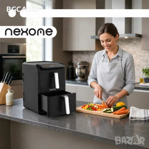 NexOne TwinFryer 11L – Двукамерен фритюрник с горещ въздух 2800W, две независими кошници, 8 програми, снимка 2 - Фритюрници - 56122202