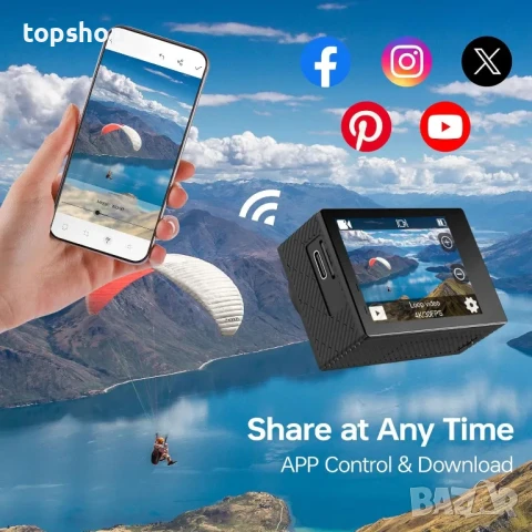 НОВА Speed ​​10 Екшън камера 5K 30FPS Водоустойчива 30 метра, 5X увеличение, 2 x 1350mAh батерия, снимка 8 - Камери - 50529840