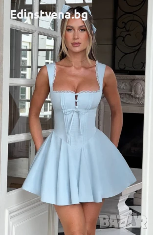 Дамска синя мини рокля тип корсет с оформящ силует