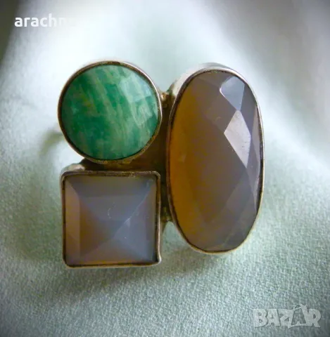 Сребърен пръстен с амазонит и лунен камък, снимка 1