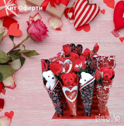 Романтичен букет с плюшено мече и роза, снимка 3 - Романтични подаръци - 53089787