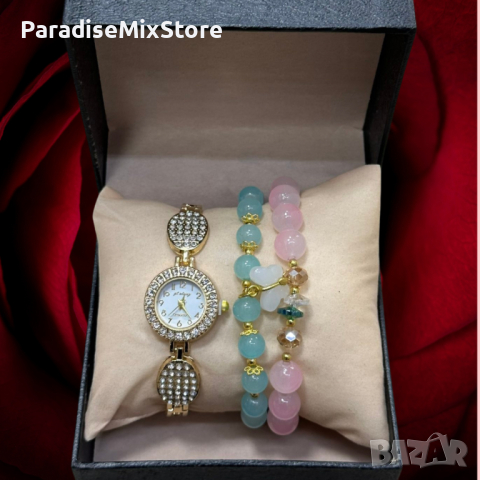 Елегантен дамски комплект аксесоари - часовник с камъни цирконии и 2 броя гривни с естествени камъни, снимка 1 - Дамски - 44783353