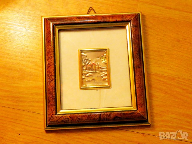 Старинна сребърна  картина рисувана върху сребърно  фолио - река и къщичка - с маркировка за сребро 