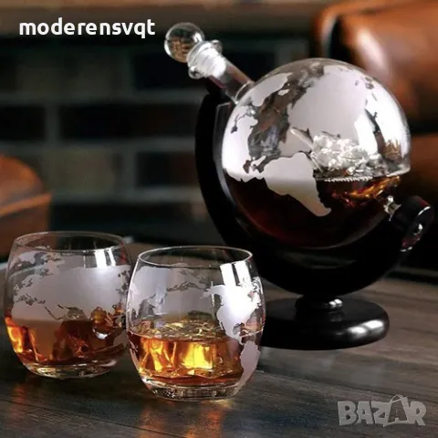 Комплект гарафа глобус за уиски с 2 чаши кубчета щипка, снимка 2 - Други - 49545051