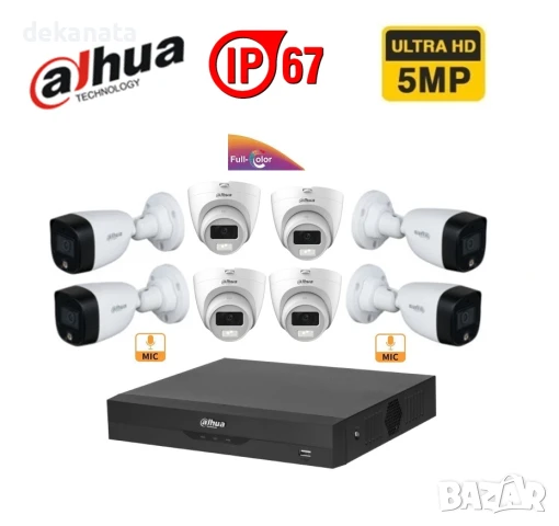 Dahua 8канално видеонаблюдение с 8 броя 5 Мегапикселови камери IP67 - Цветно нощно