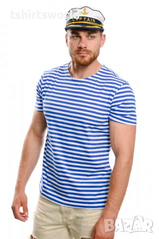 Нов мъжки моряшки комплект: моряшка класическа тениска без бие и капитанска шапка