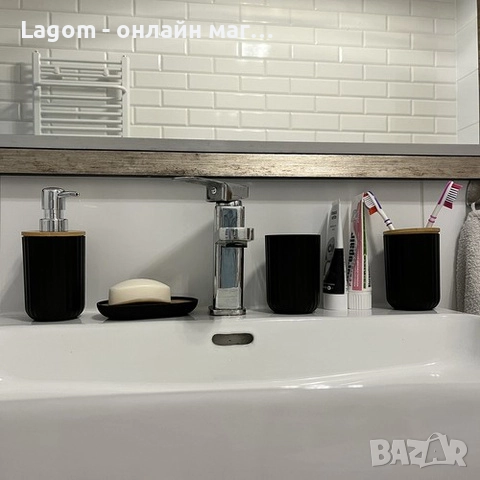 Комплект аксесоари за баня – 6 елемента с бамбукови детайли, Ruhhy 24636, черен цвят, снимка 10 - Органайзери - 52549616