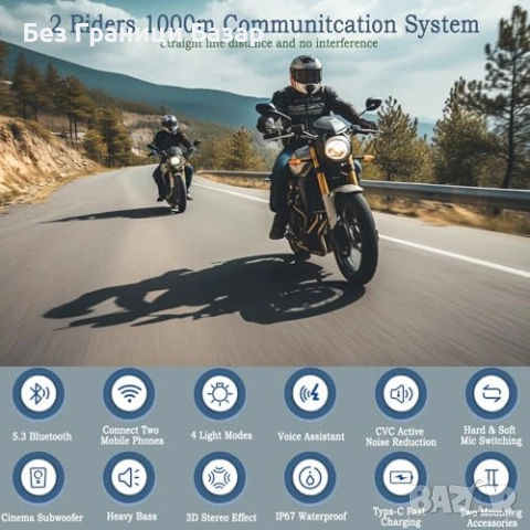Нова слушалка Bluetooth интерком за мото каска 1000м IP67 шумопотискане, снимка 6 - Слушалки, hands-free - 53032686