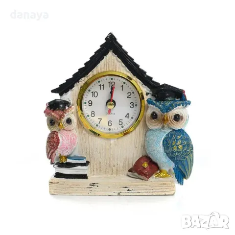 5832 Настолен часовник Къщичка с две бухалчета, 13x12cm, снимка 3 - Стенни часовници - 49568728
