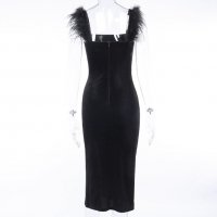 Черна рокля с щраусови пера луксозна елегантна нова година розова сива, снимка 16 - Рокли - 31235980