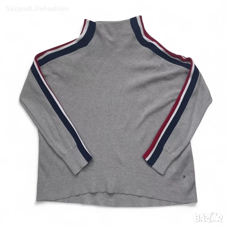 Дамски пуловер с висока яка и раирани ръкави Tommy Hilfiger размер S сив , снимка 1