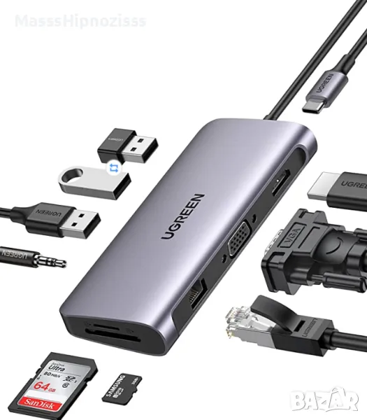 UGREEN USB C Хъб, USB-C 10-в-1 Док с Двоен Монитор 4K HDMI и VGA, 1Gbps Ethernet, 100W PD, 3 USB, снимка 1