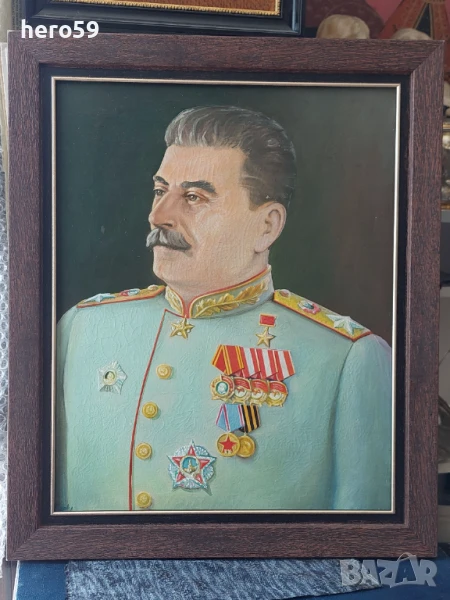 Много рядък стар портрет на Сталин, масло в/у платно 1947 год., снимка 1